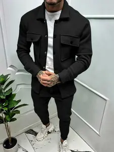 Men's Suede Jacket & Pants Set, Fall Winter Windproof Warm Lining, Business Casual Stretch Fabric Two-Piece, wardrobe staple, essential piece, layering piece, everyday wear, must have item, trendy style