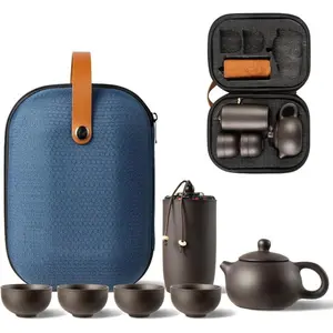 Ceramic Travel Tea Sets 6Pack Chinese Kungfu Tea Set Porcelain Teapot, Tea Canister, 4 Teacups,Tea Mat and Portable Travel Bag Tea Gift Set Purple Clay tea pot set for Travel, Home, Outdoor, Office