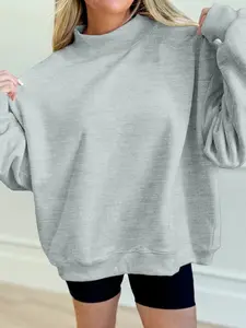 Lady's Long Sleeve Cotton Oversized Mock Neck Sweatshirt - Baggy Drop Shoulder, Casual Loose Fit, Comfortable Everyday Basic Pullover Top
