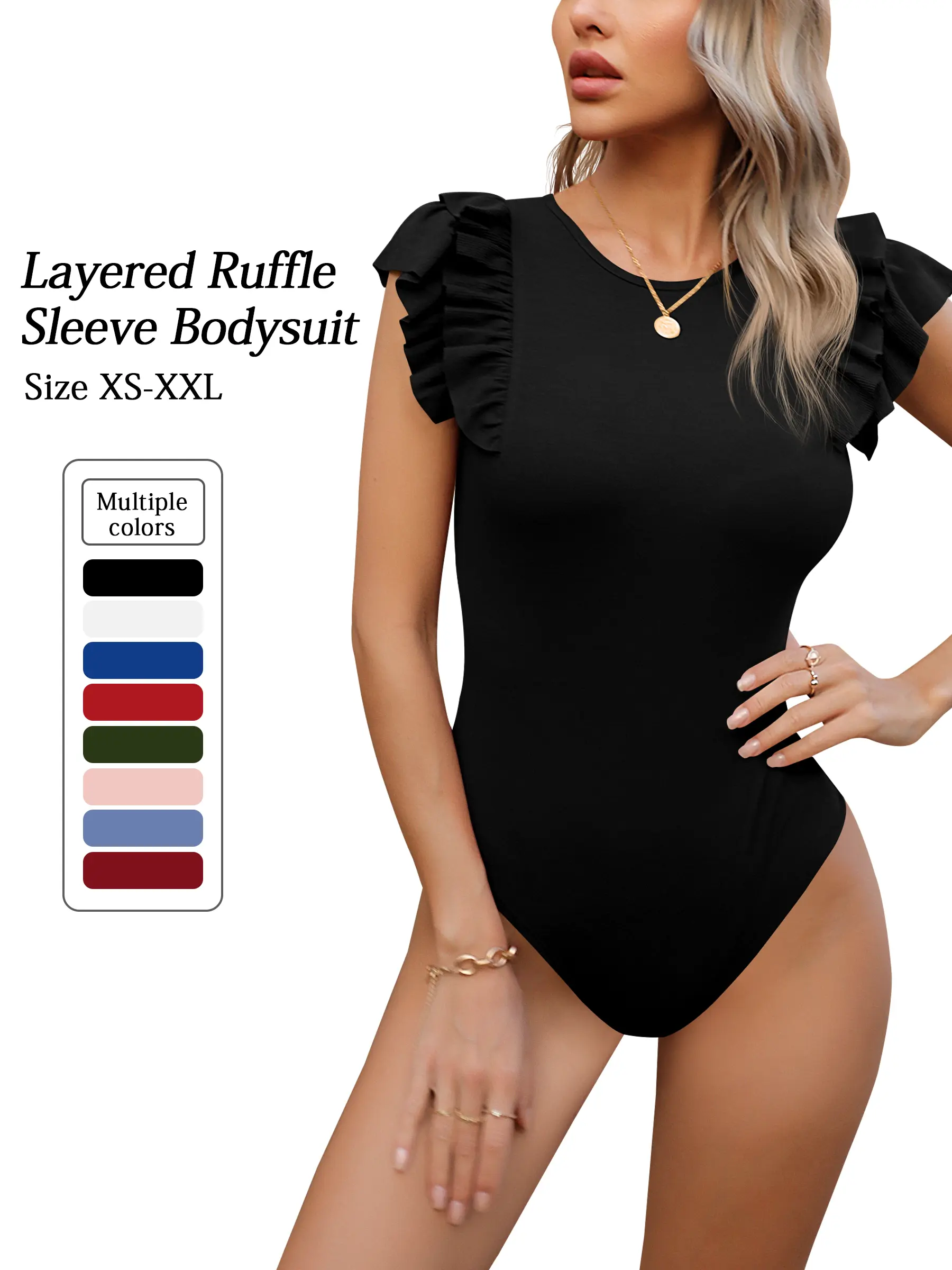 Women's Summer Solid Color Bodysuit - Ribbed Round Neck, Ruffled Trim, Flutter Sleeves, Elastane Breathable Fabric, Slim-Fitting, Sweet Look, Button-Closure Casual Top for Trip