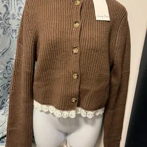 Emory Park Mocha Colored Cardigan with Lace Hem and Gold Buttons for Women