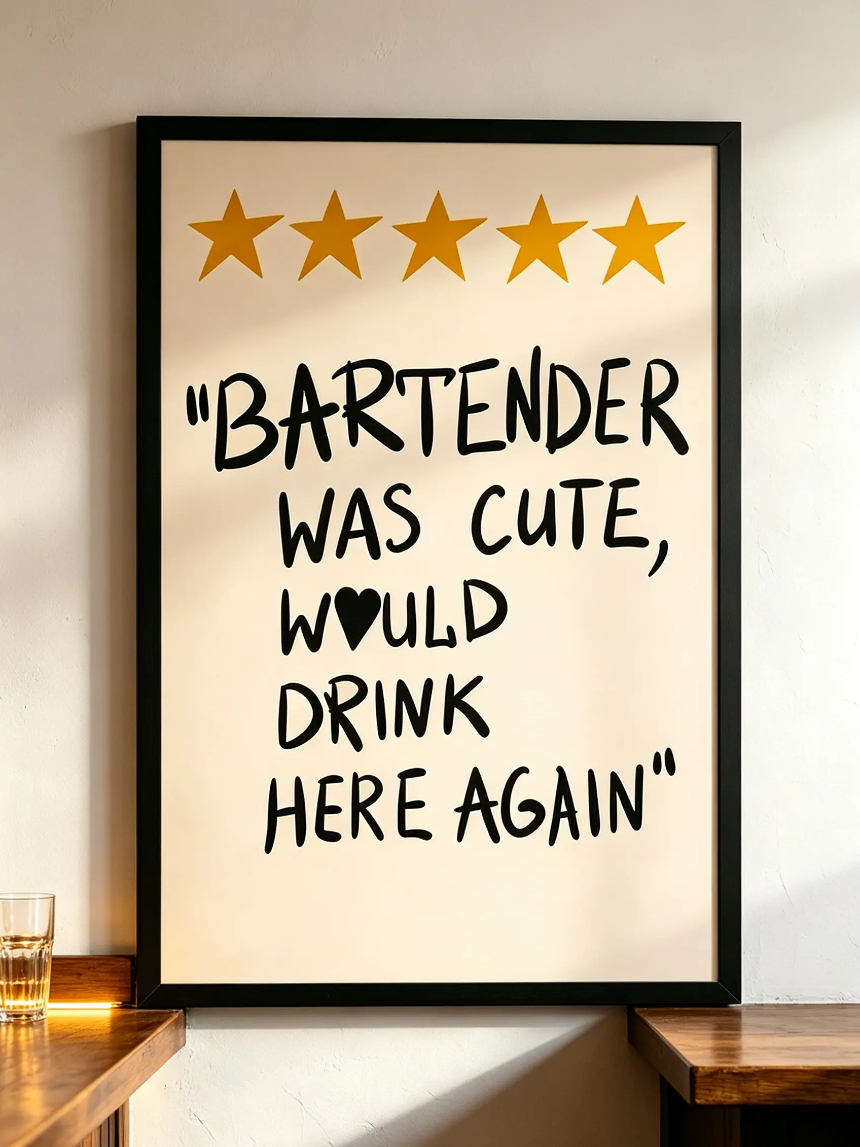 Retro 5-Star Bartender Quote Canvas Poster - Funny "Bartender Was Cute Would Drink Here Again" Wall Art, Aesthetic Decor for Bar Cart & Home Bar, Fun Gift for Cocktail Lovers (Home Decor Prints)