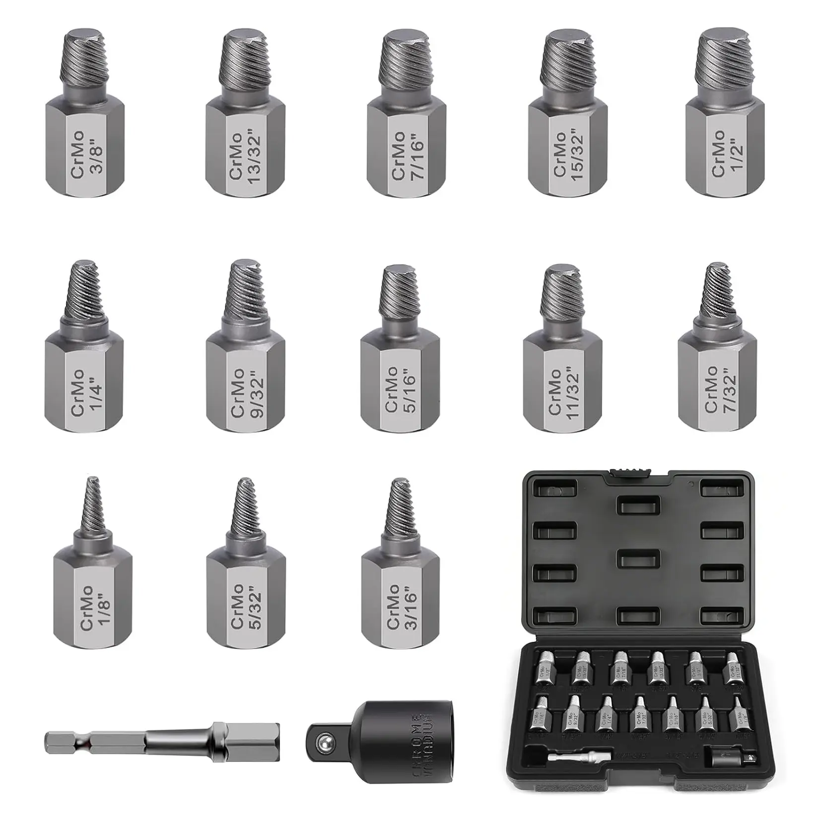 15-Piece Broken Bolt Extractor Set, Silver CR-MO Steel Screw Remover Kit for Stripped, Rusted or Broken Bolts & Screws, with Storage Case