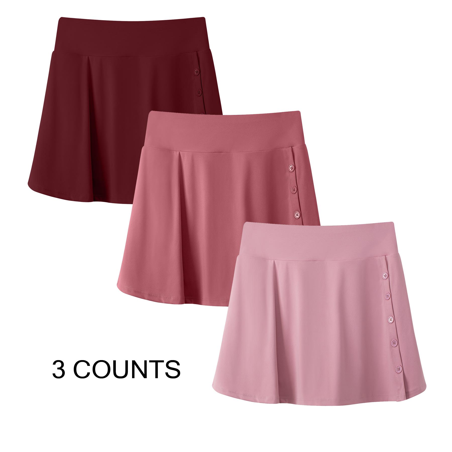 3-Piece  /3-Pcs Women's Plain High Waist Button Front Sports Skort, Casual Pocket Design Skort for Gym Yoga Running Workout, Ladies Gym Shorts Sportswear for All Seasons