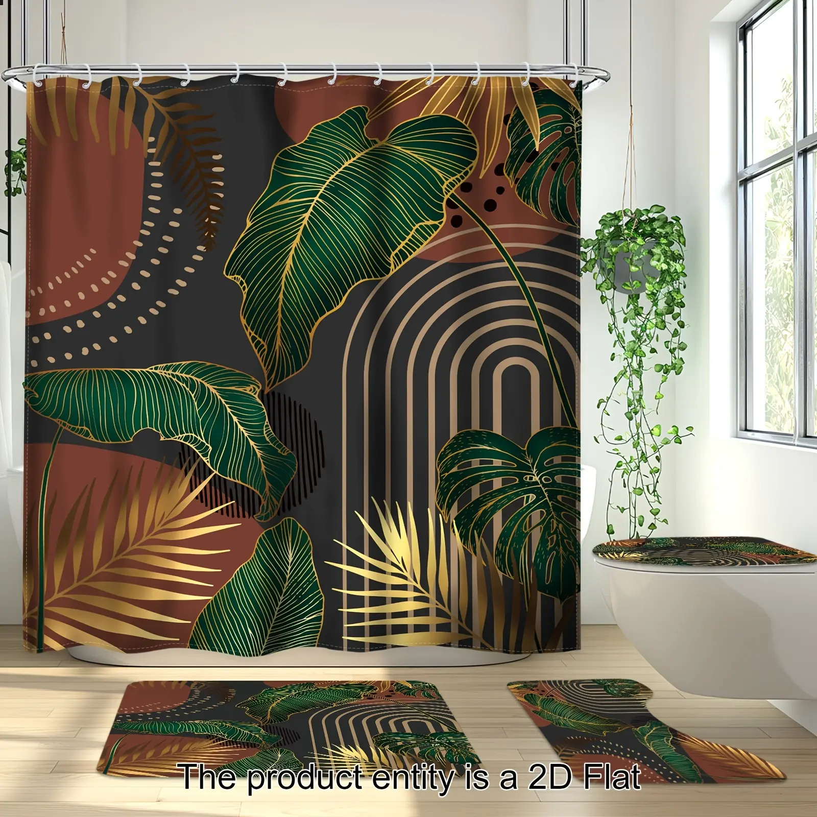 1pc/4pcs - 2D Flat Green Boho Shower Curtain Set, Modern Abstract Golden Grey Tropical Monstera Palm Leaf Plant Minimalist Shower Curtain Set with 12 Hooks, Non-Slip Bath Floor Mat, Toilet U-Shaped Mat, Cover Mat, Bathroom Decoration And Accessories