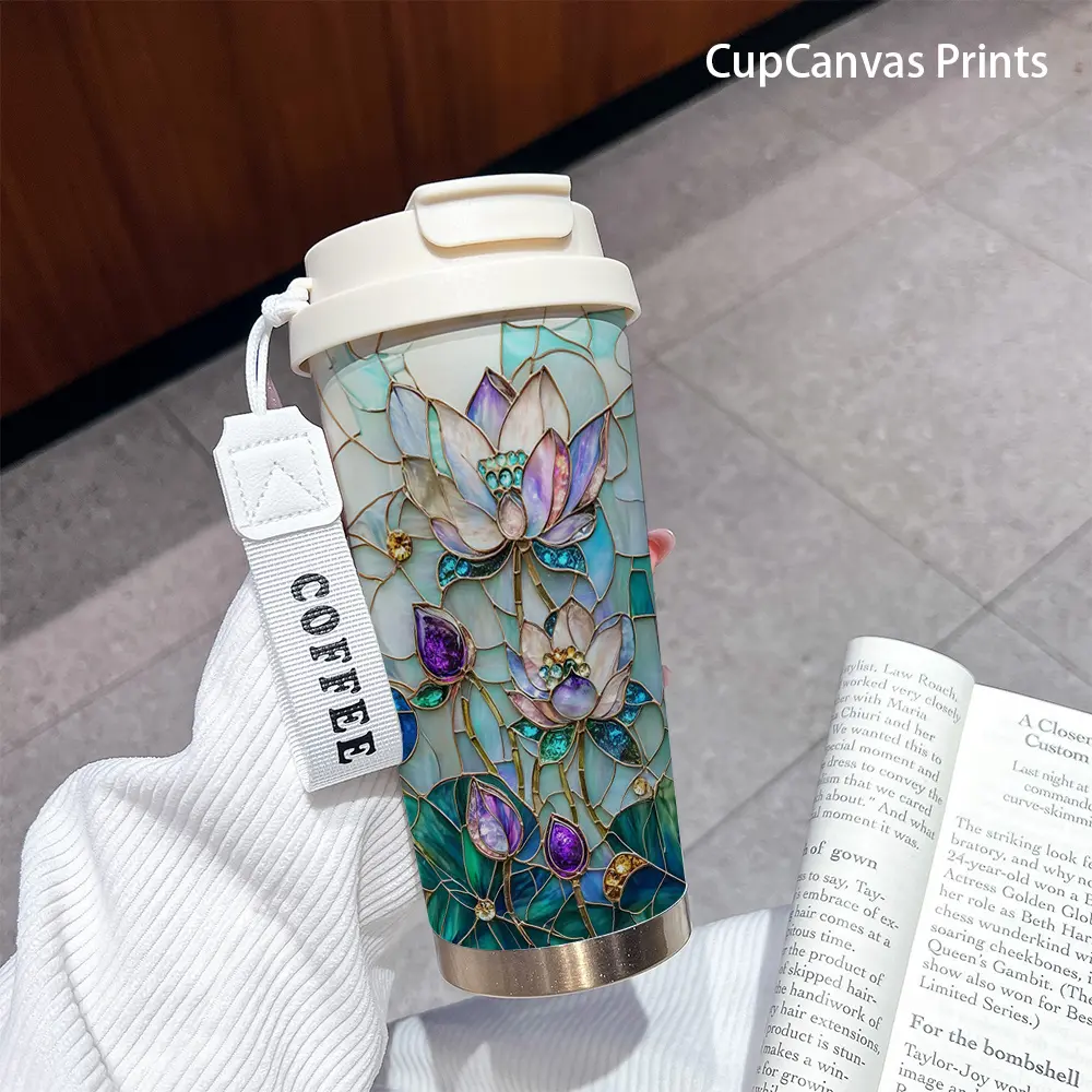 18-ounce stainless steel insulated cup with lid, elegant lotus flower  colored glass style printed coffee