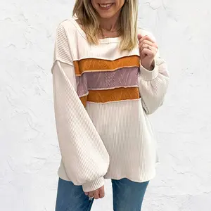 White Corded Exposed Seam Knit Patchwork Drop Sleeve Top