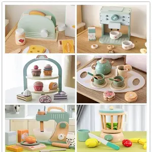 Wooden Coffee Maker Pretend Play Kitchen Toy Set for Kids with Cups and Dessert Accessories Montessori Educational Toy