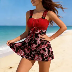 TRESCA Women's 2 Piece Tankini Swimsuit, Paisley Print Flowy Swim Dress Top with Boyshorts, Modest Tummy Control Bathing Suit for Beach Vacation