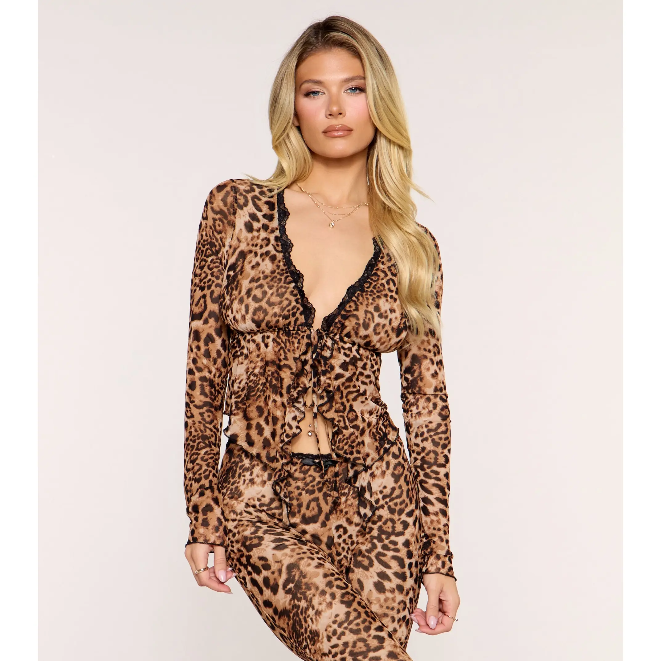 Wild Card Leopard Print Mesh Tie-Front Top