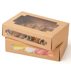 50Packs Auto-pop up  Cookie Boxes for  Giving 8x5.3x2 inch Brown  Box with Window One Second Folding Bakery Box for Donuts Candies and Biscuit