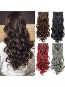 Synthetic 7pcs Hair Extensions for Women Natural Black With 16 Clips 22 Inch Wave Curly for a Full Head Look for Women and Girls Wavy Synthetic Hairpiece