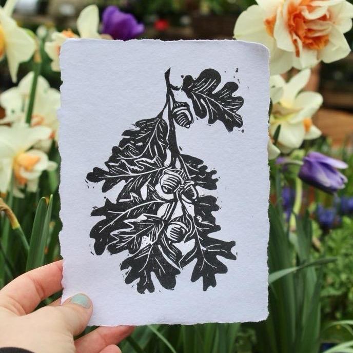 Natural Endangered White Oak Leaf Print Handcrafted Linocut 5x7 Inches Handmade Deckled Edge Linen Paper Minimalist Design Wall Decor Unique Lino Artwork for Conservationists