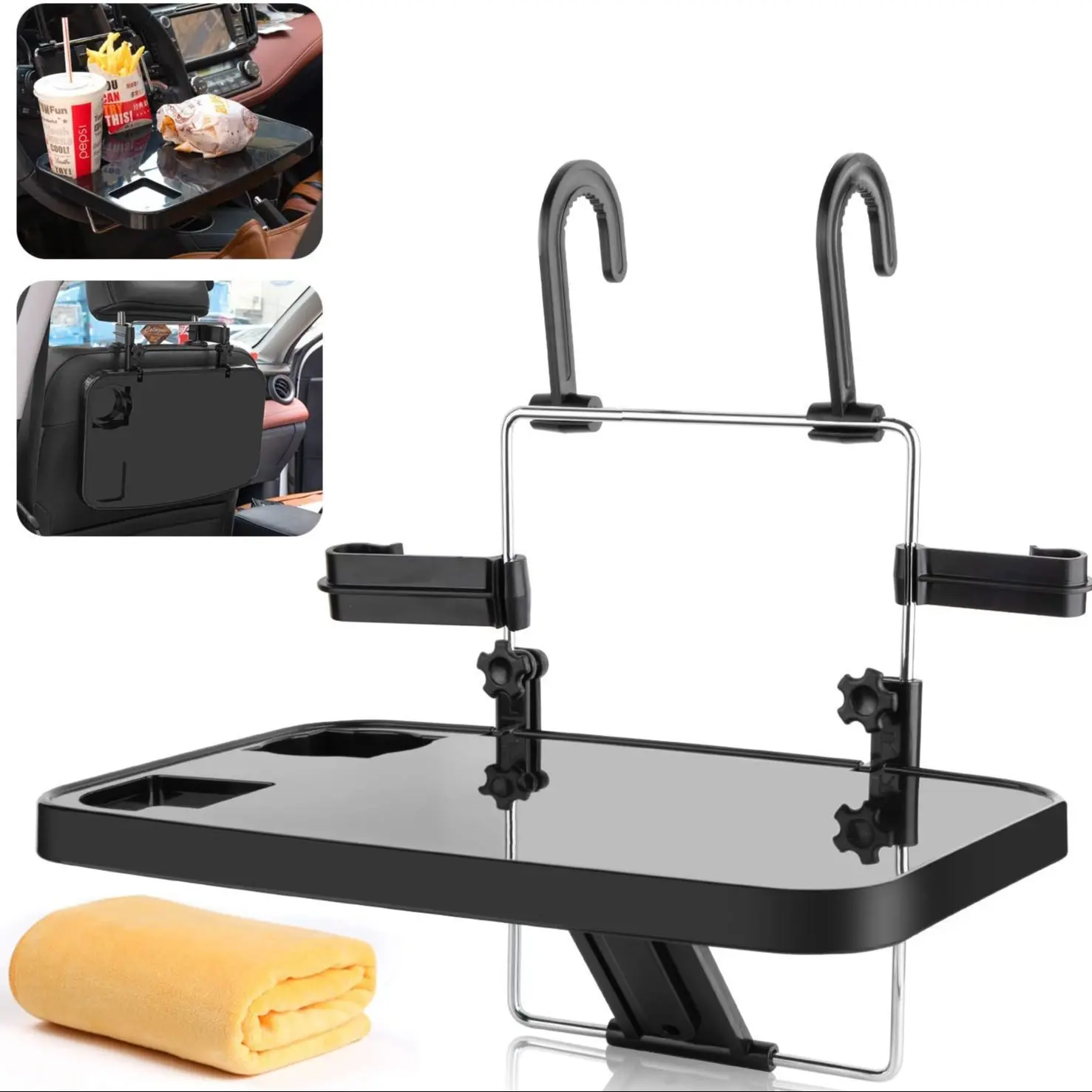 2-in-1 Car Steering Wheel Desk & Back Seat Tray - Adjustable Laptop Stand for Car Office, Eating, Writing - Universal Mobile Workstation for Truck, Van, SUV - Car Organization Accessories, Auto Interior Organizers