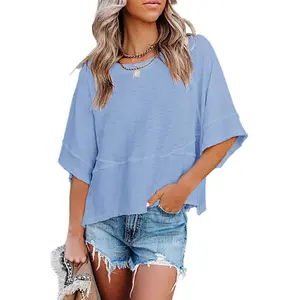 Imily Bela Women's Summer Round Neck 3/4 Sleeve Solid Color Loose Fit Casual Basic T-Shirts