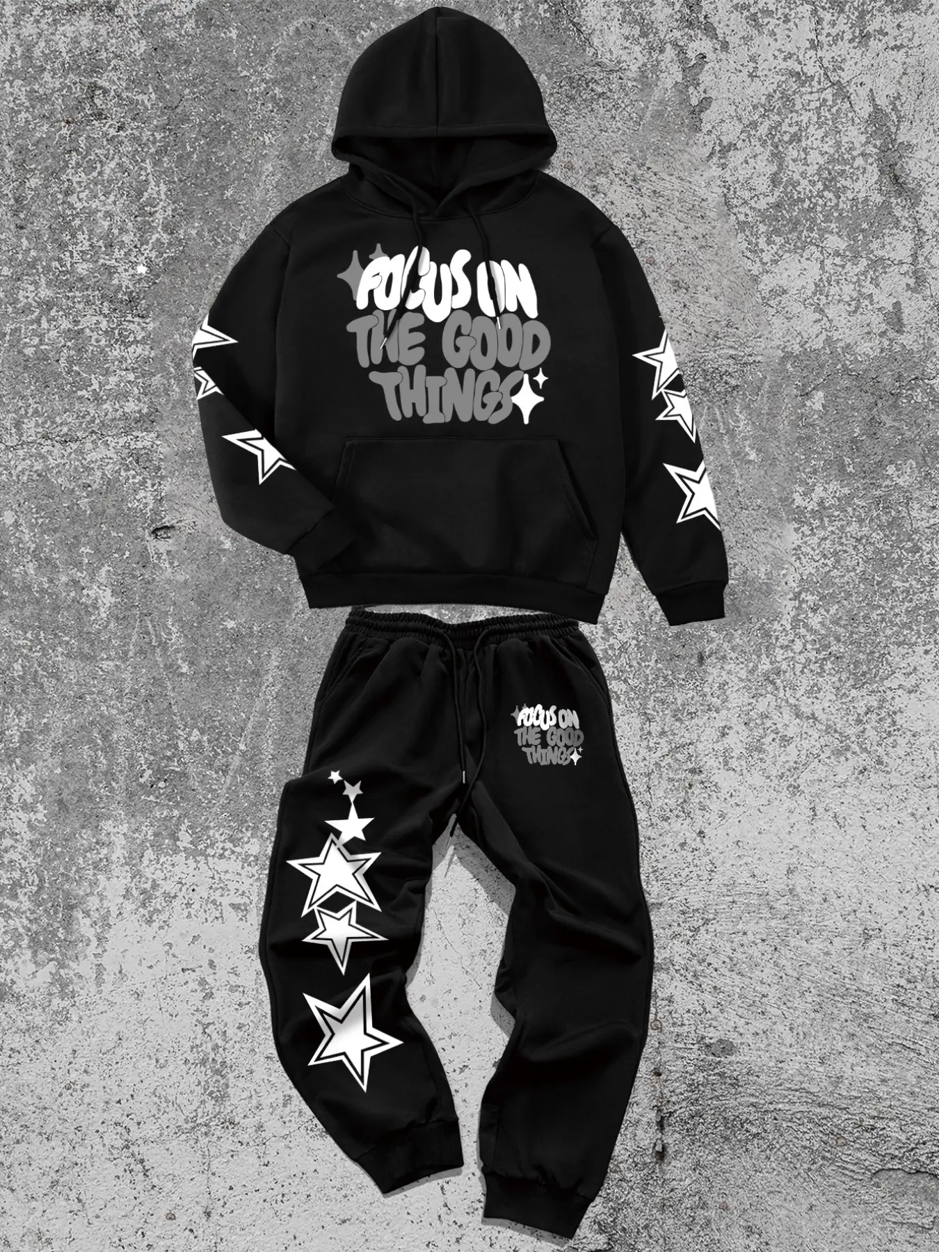 Men's Fall Winter 2-Piece Set Thick American Style Star Letter Print Hoodie + Star Pattern Pants, Long Sleeve Fitted Streetwear Menswear Fashion Clothes Sweatsuit Set Hooded Sweatshirt Set