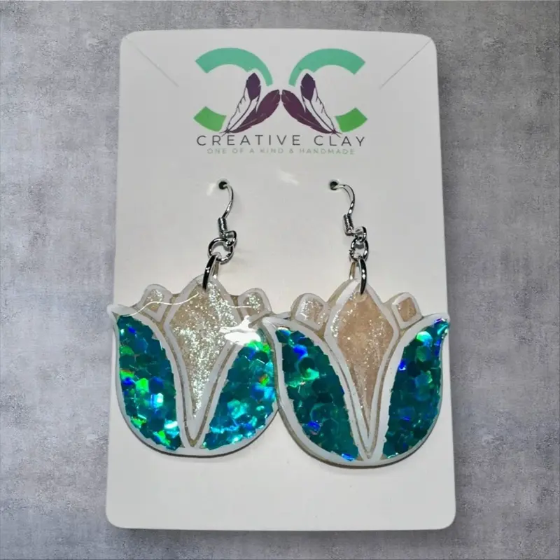 Teal Glitter Tulip Earrings | Handmade Polymer Clay | Sterling Silver .925 Hooks | Lightweight & Hypoallergenic | Southwest-Inspired Dangle Earrings