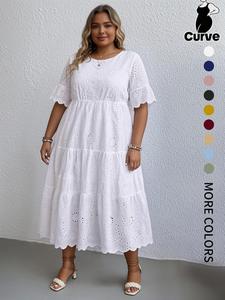 【plus size】 plain eyelet embroidery dress, casual boho fashion round neck dress for daily holiday vacation wear, women plus clothing for summer, womenswear, plus size dresses, plus size tummy flattering dresses, floral lace dress