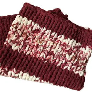 Chunky Knit Blanket - Handmade Lightweight Cozy Blanket in Maroon and Cream Colors
