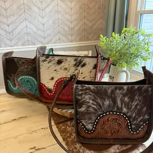 Cowhide Handbag with Tooled Leather Accents and Turquoise Inlay for Western Style