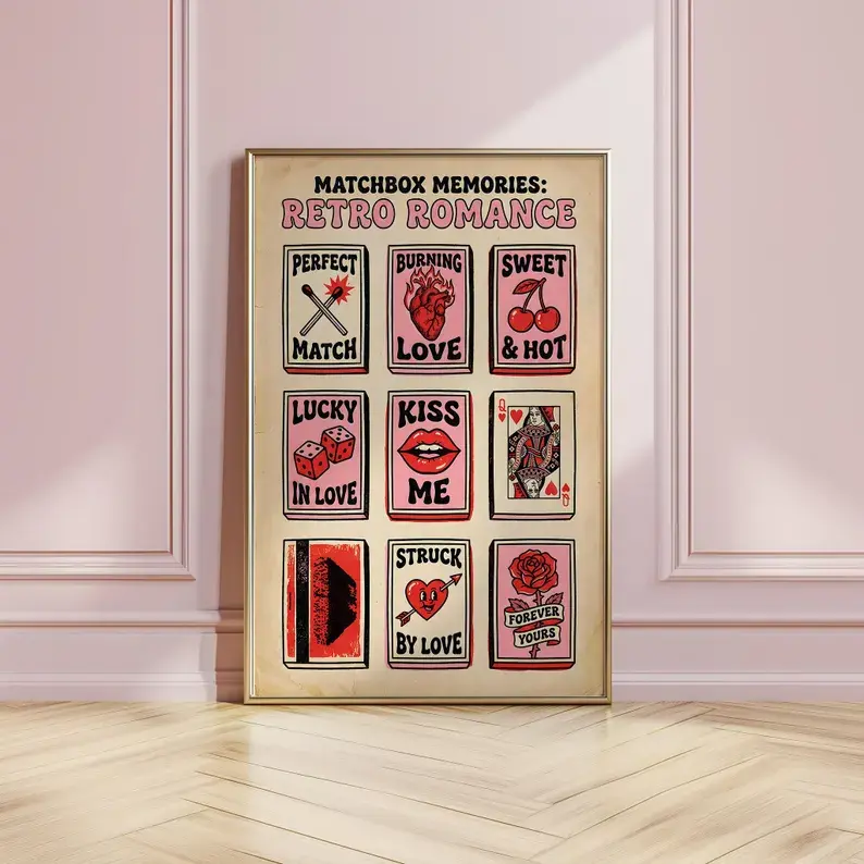 Unframed Retro Romance Matchbox Paper Poster - High-Res Durable Photo Paper Wall Art, Vintage Valentines Day Decor with Room Accessories for Bedroom & Classroom Home Supplies