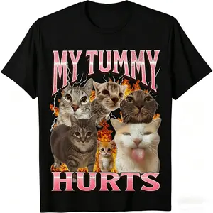2026 Viral "My Tummy Hurts" Cat Graphic T-Shirt, Funny Cat Lover Tee, Retro Y2K Style Cotton Top