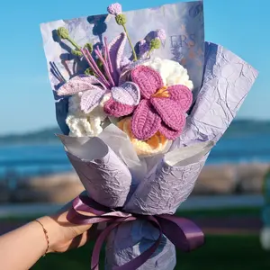 【 Mother's Day Gift 】Loop & Bloom Wrapped Crochet Flowers, Holiday Bouquet with Tulips, Carnation, Freesia and Alstroemeria, 7Pcs, Home Decor, Graduation Gift, Birthday, Anniversary for Her, Mom, Valentines Day, Ready-to-Gift, Includes Card