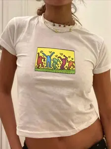 Women's Keith Haring Dance Round Neck Graphic Tee, Vintage Trendy Casual Short Sleeve T-shirt for Daily Wear, Ladies Summer, Top