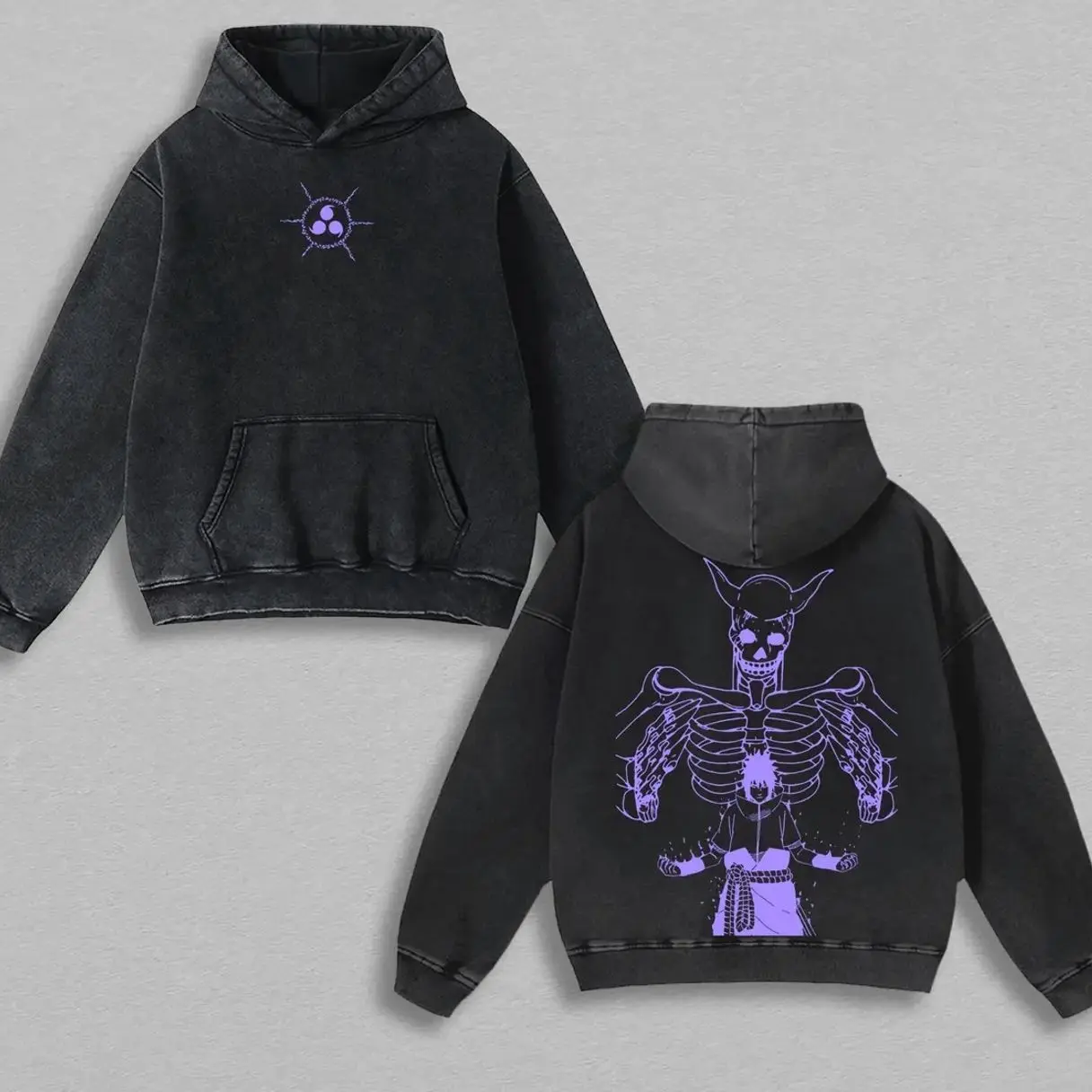 Vintage Washed Hooded Sweatshirt, Unisex Naruto Sasuke Graphic Top, Oversized Fit in Soft Heavyweight Cotton Apparel