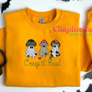 Creep It Real Mushroom Ghosts Embroidery Crewneck, Custom Trendy Mushroom Halloween Sweaters, Fall Mushroom Design Gifts Unisex Womenswear Sweatshirt Pullover