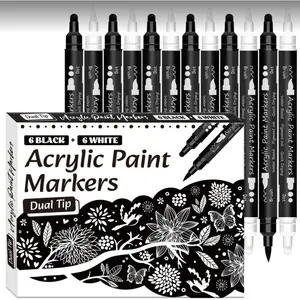 Black White Acrylic Paint Pen, Acrylic Marker, Art Pen, 12 Pcs Brush and Fine Dotl Tip Permanent Black White Paint Markers for Paper, Rock Painting, Wood Sign, Metal, Plastic, Ceramic Drawing