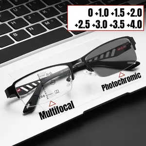 Ultra Light Half Frame Photochromic Multifocal Reading Glasses Fashion Business Metal Eyewear Anti Blue Light Presbyopia Glasses