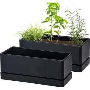 12 Inch Window Box Planter, Rectangle Plastic  Planter with Drainage Holes and Saucer, Indoor Succulent Cactus Vegetable Pot for Windowsill, Garden Balcony, Black, Set of 2, 76-X-B-2