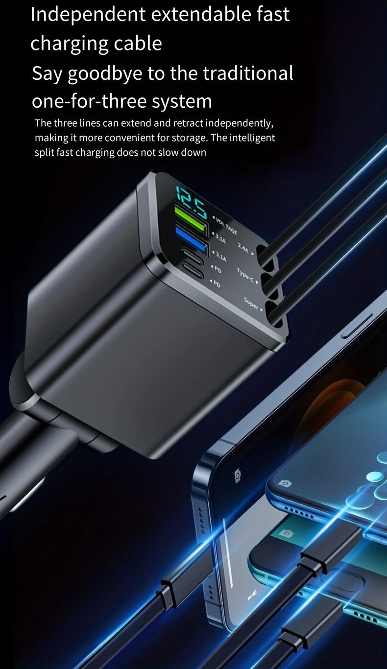 7-in-1 Car Charger — Retractable 3-in-1 Cable (Lightning + Built-in Type-C), PD 66W Fast Charging, and USB Port; Features Smart Chip Protection and Digital Voltage Monitoring; Widely Compatible with iPhone, Samsung, and Huawei Devices.