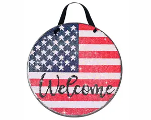 USA Flag Welcome Diamond Painting Kit, ROUND Drills, 12.5" Hanging Sign