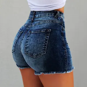 Women's denim shorts fringed ripped high waist hot pants