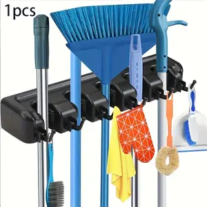 Wall Mounted Mop & Broom Holder, Storage Rack with 5 Ball Joints and 6 Hooks, Space Saver Organizer, Ideal for Kitchen Garage Bathroom