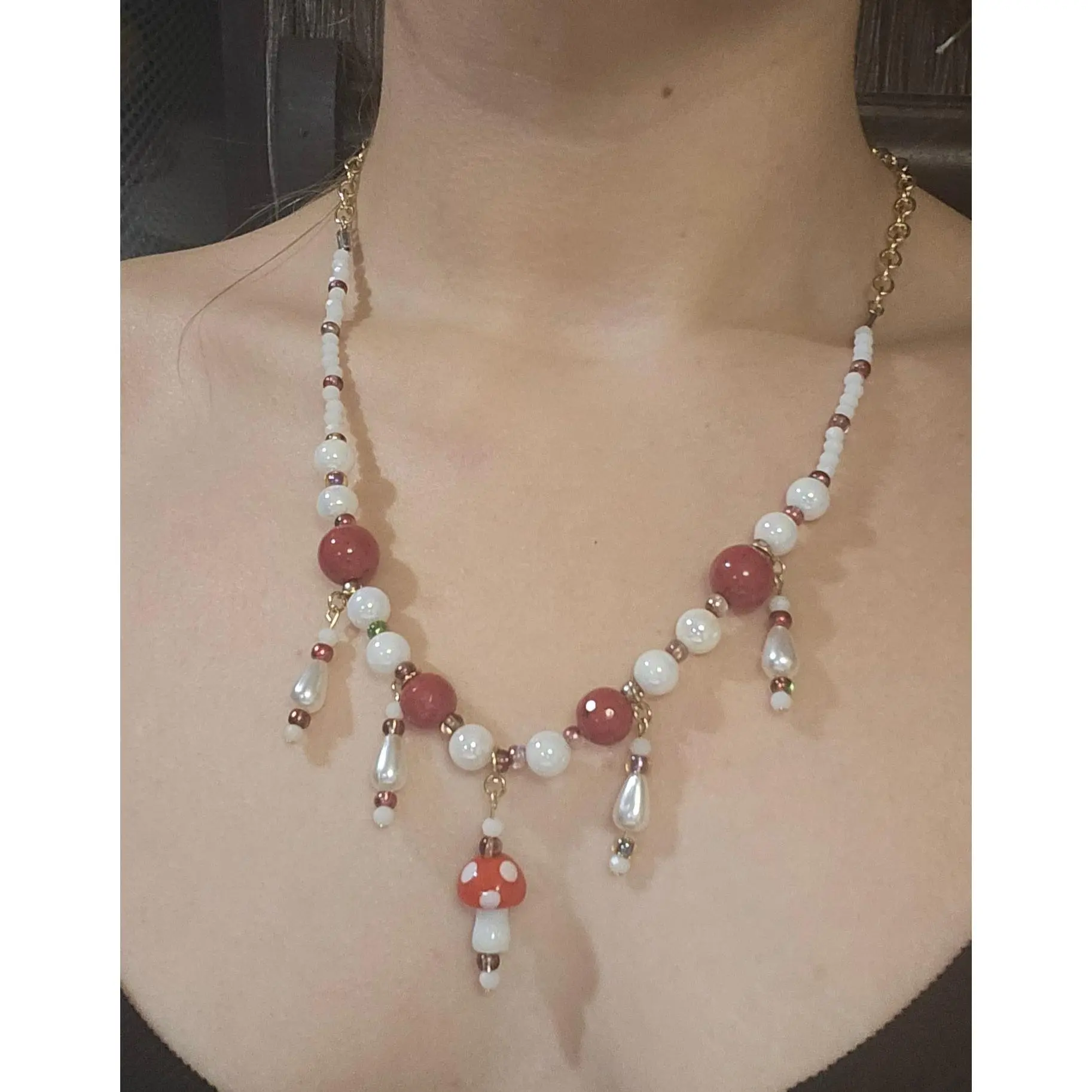 Red Mushroom Dangly 10" Necklace