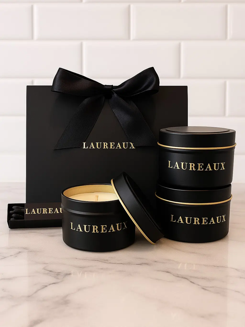 Laureaux Travel Tin Candle Discovery Set - 3.5 oz Elegant Black Travel Size Candles in Fresh Bloom Island Sangria & Azure Woods Scents