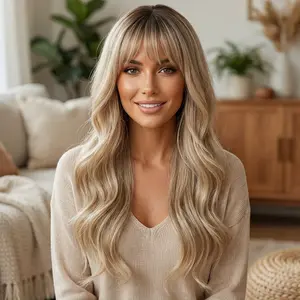 22 Inch Ash Blonde Wavy Wig with Bangs – Natural Rooted Long Layered Wig