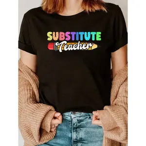 190g Black Cotton Crew Neck Short Sleeve Graphic Tee for Women - Substitute Teacher Colorful Pencil Print Casual T-Shirt - Comfortable and Stylish Outfit for Everyday Wear - Ideal for Educators and Classroom Fashion Lovers
