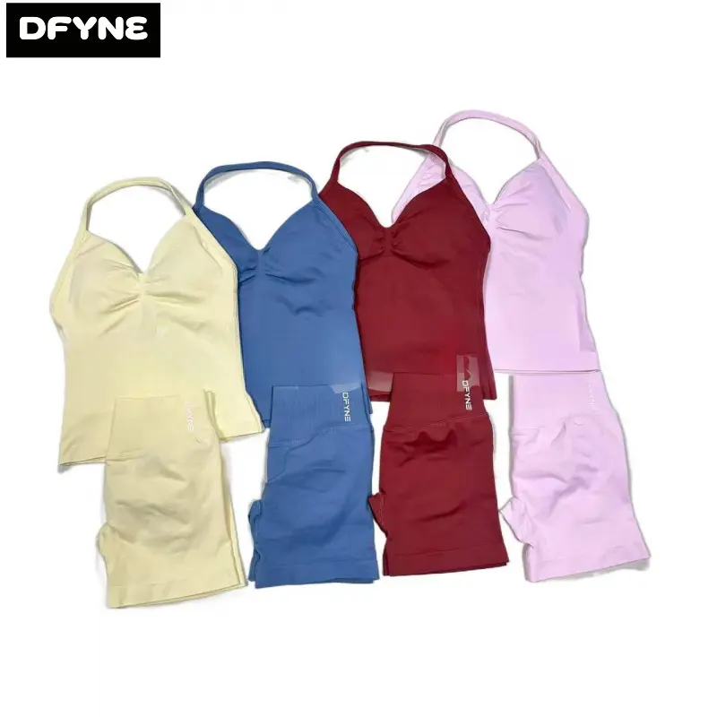 DFYNE Women's Matte Seamless Gym Workout Clothes High Elastic Short Sleeve Tee Halter Cami and High Waisted Scrunch Yoga Shorts Set
