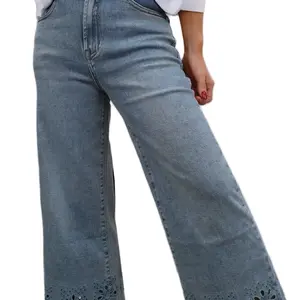 Floral Embroidery Scallop Trim High Rise Wide Leg Crop Jeans for Women's Fashionable Denim Style