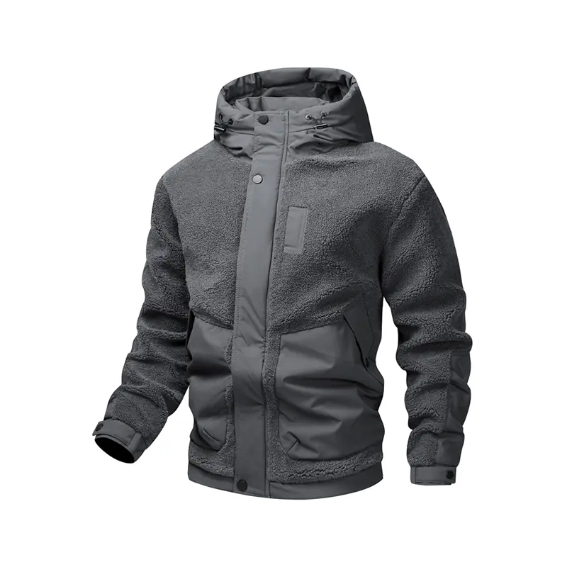 Men’s autumn/winter polyester patchwork hooded jacket, thick and warm, multi-pocket workwear jacket, casual fleece top