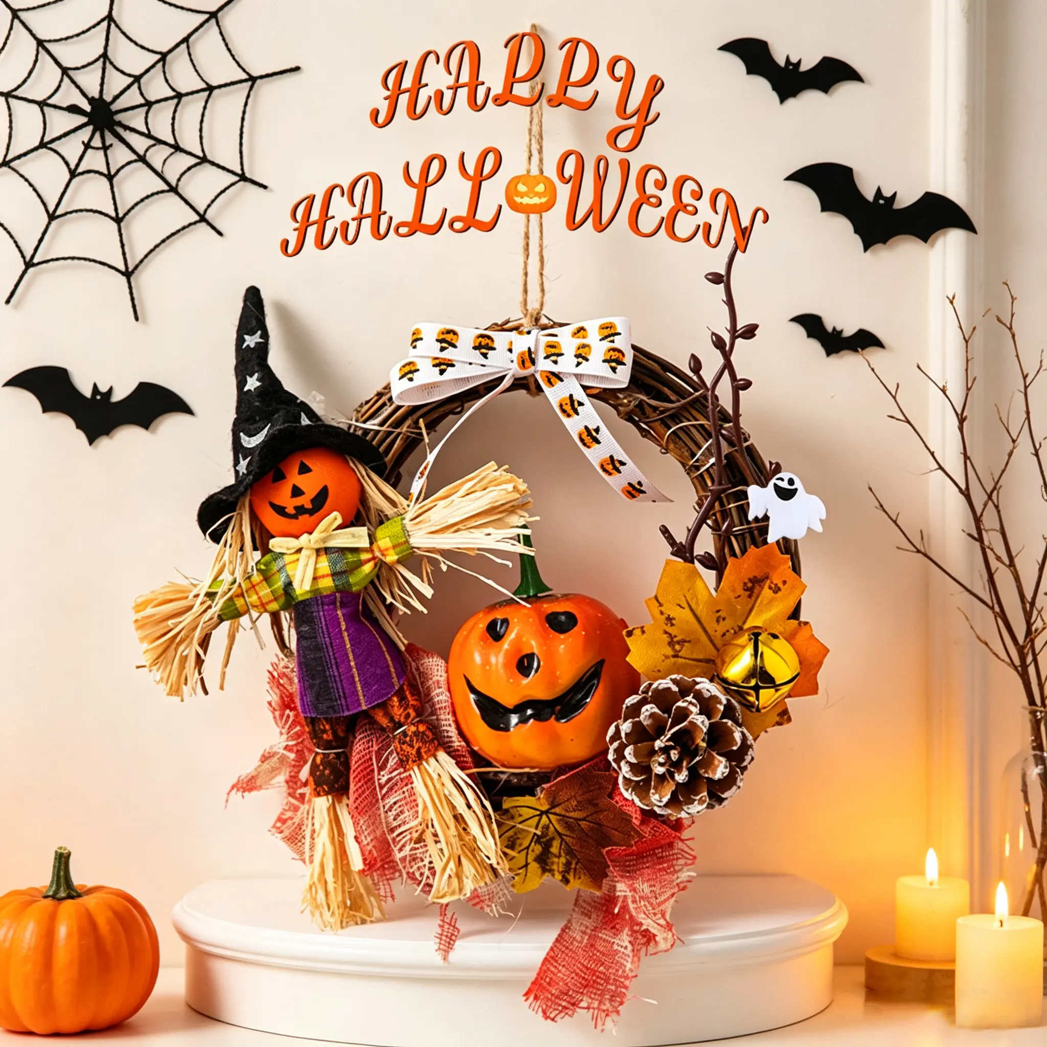 Halloween Pumpkin-Themed Decor: Door Hanging Wreath & Party Props for Festive Atmosphere