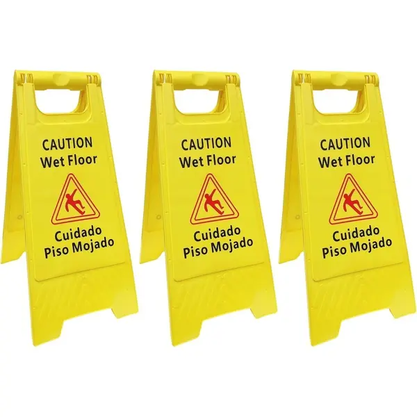 3 Pack CAUTION Wet Floor Signs - Bilingual (Cuidado Piso Mojado), 2 Feet Tall, Double Sided, High Visibility Yellow Color, Fold-Out Standing Signs, Portable with Carrying Handle - SciencePurchase