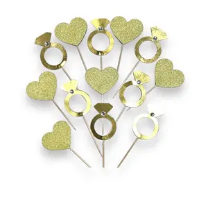 Gold engagement ring and glitter heart cupcake toppers, wedding food picks Decor