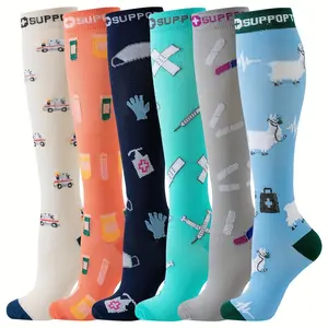 6 Pairs Men'S Compression Socks, Cartoon Medical & Sports Theme, Nylon-Polyester-Spandex Blend, Hand Wash, Knit Fabric for Nurses, Running & Sports