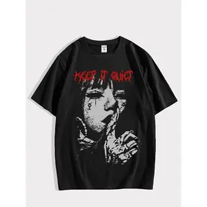 Men's "Keep It Quiet" Grunge Anime Girl Graphic Print T-Shirt, Gothic Dark Art Classic Distressed Short-Sleeve Casual Streetwear Vibe Top for Men