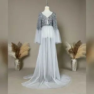 Graceful Sequin Tulle Evening Gown Maternity or Non-maternity Dresses for Photography Props Baby Shower Outfit